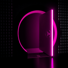 Black-and-white halftone image of a digital vault with neon magenta glow, synthwave style