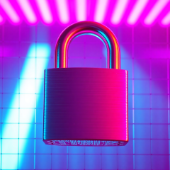 Desaturated photo of a padlock with CRT grid overlay and magenta lighting, retro-futuristic