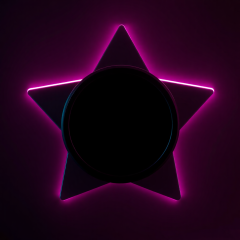 Black-and-white photo of a star badge with magenta neon glow, synthwave aesthetic