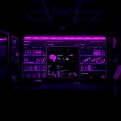 Desaturated screenshot of a modern darknet market interface with neon magenta and purple highlights