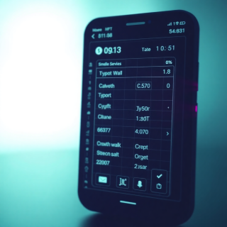 Desaturated image of a digital crypto wallet interface with CRT grid overlay and magenta glow