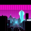 Monochrome album cover with neon magenta grid and retro-futuristic cityscape, synthwave style