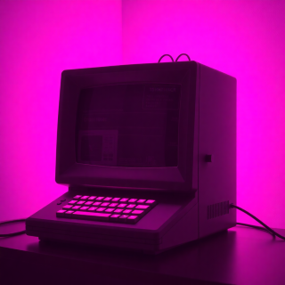 Monochrome image of a retro computer terminal with neon magenta glow, synthwave style