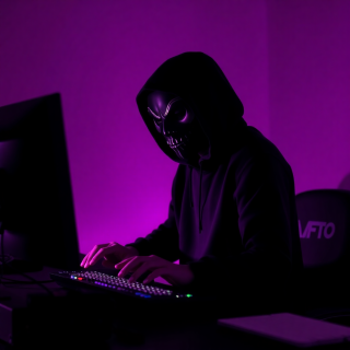 Black-and-white photo of a masked figure at a computer with neon magenta lighting, synthwave style